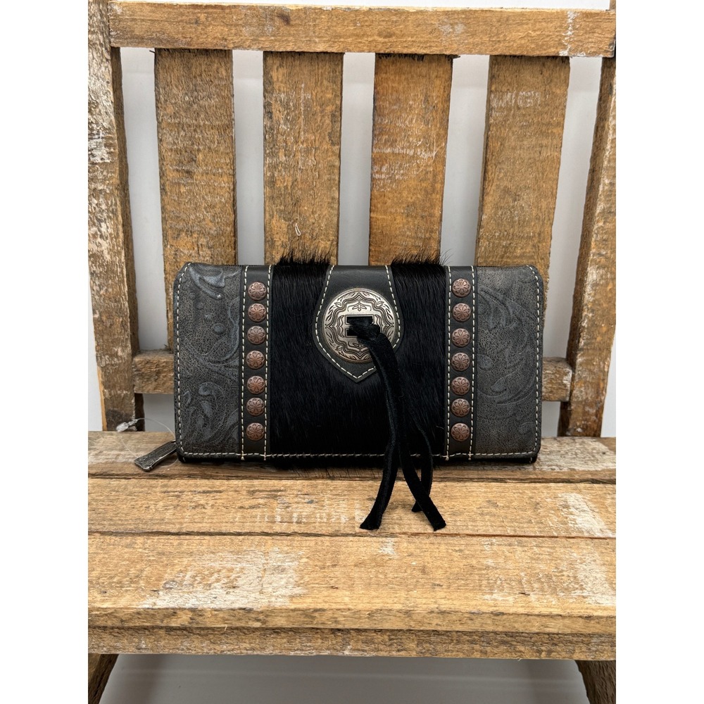 Trinity Ranch Wallet Womens OS Black NEW Western Hair-on-Hide Studded Concho